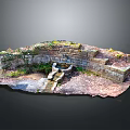 Ancient Stone Building With Moss Covered Walls Small Water Pool And Gravel Debris