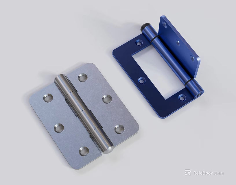 Silver And Blue Metal Hinges With Mounting Holes For Furniture Doors 3d model 