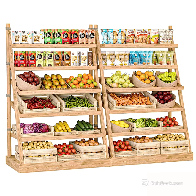 Wooden Display Shelves with Layered Design Stocked with Fruits Vegetables and Food Products 3d model 