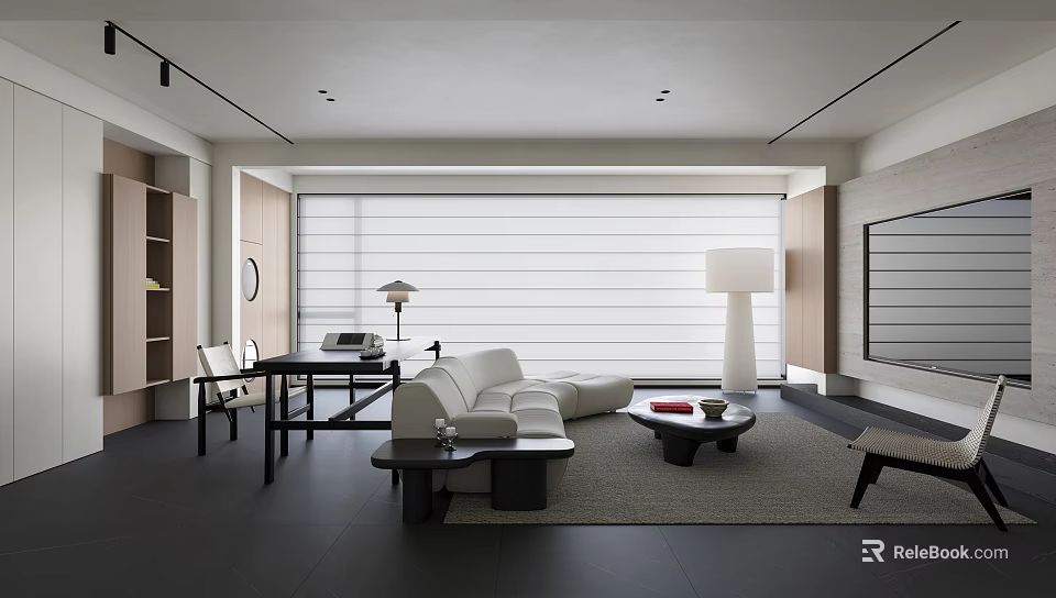 Modern Living Room Interior With White Sofa Black Coffee Table Floor Lamp And Dark Flooring 3d model 