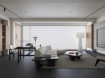 Modern Living Room Interior With White Sofa Black Coffee Table Floor Lamp And Dark Flooring 3d model