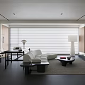 Modern Living Room Interior With White Sofa Black Coffee Table Floor Lamp And Dark Flooring