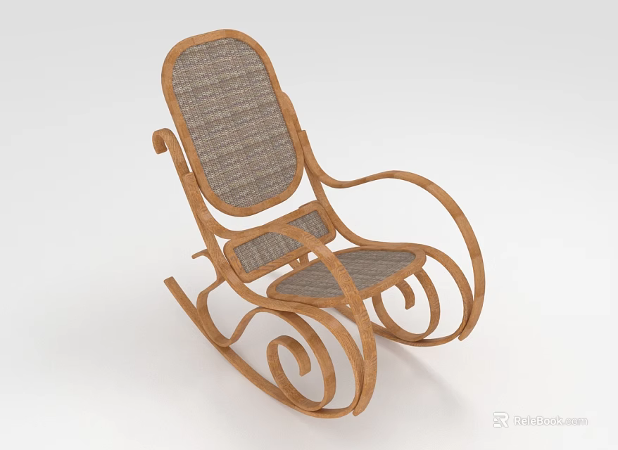 Stylish Wooden Rocking Leisure Chair Featuring Woven Seat Backrest And Curved Frame 3d model 