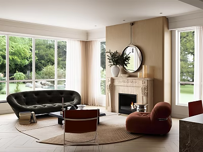 Open Living and Dining Area With Large Windows Black Sofa Red Armchair Fireplace Round Mirror 3d model