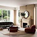 Open Living and Dining Area With Large Windows Black Sofa Red Armchair Fireplace Round Mirror