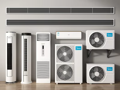 Different Types of Air Conditioners and Fans Including Wall Mounted Floor Standing and Cabinet Units 3d model