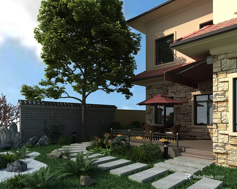 Garden Landscape Design with Stone Stepping Path Outdoor Dining Set Red Umbrella Large Tree and Lush Greenery 3d model 