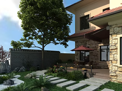 Garden Landscape Design with Stone Stepping Path Outdoor Dining Set Red Umbrella Large Tree and Lush Greenery 3d model