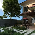 Garden Landscape Design with Stone Stepping Path Outdoor Dining Set Red Umbrella Large Tree and Lush Greenery