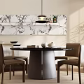 Elegant Black Round Dining Table Set with Brown Chairs Marble Wall And Pendant Light 3d model
