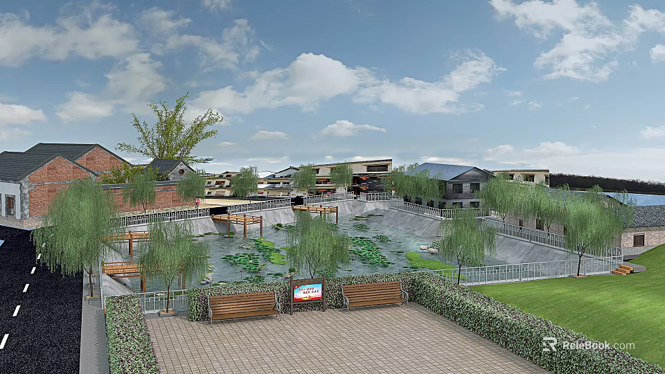 Park Landscape Featuring Lotus Pond Willow Trees Benches and Traditional Buildings 3d model 