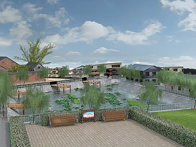 Park Landscape Featuring Lotus Pond Willow Trees Benches and Traditional Buildings 3d model