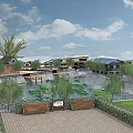 Park Landscape Featuring Lotus Pond Willow Trees Benches and Traditional Buildings
