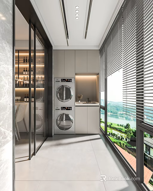 Modern Home Balcony With Glass Door Washer Dryer Gray Cabinets Blinds And Lake View Greenery 3d model 