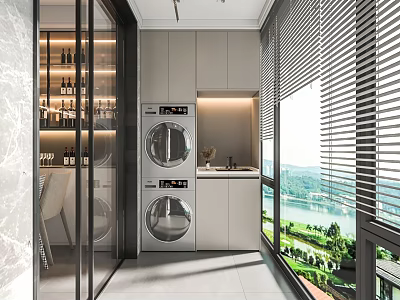 Modern Home Balcony With Glass Door Washer Dryer Gray Cabinets Blinds And Lake View Greenery 3d model