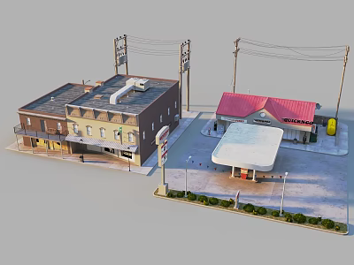 Small Town Commercial Buildings Featuring Store Gas Station Red Flat Roofs Signage And Greenery 3d model