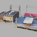 Small Town Commercial Buildings Featuring Store Gas Station Red Flat Roofs Signage And Greenery