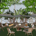 Scenic Outdoor Campsite With Palm Trees White Canopies String Lights And Wooden Furniture