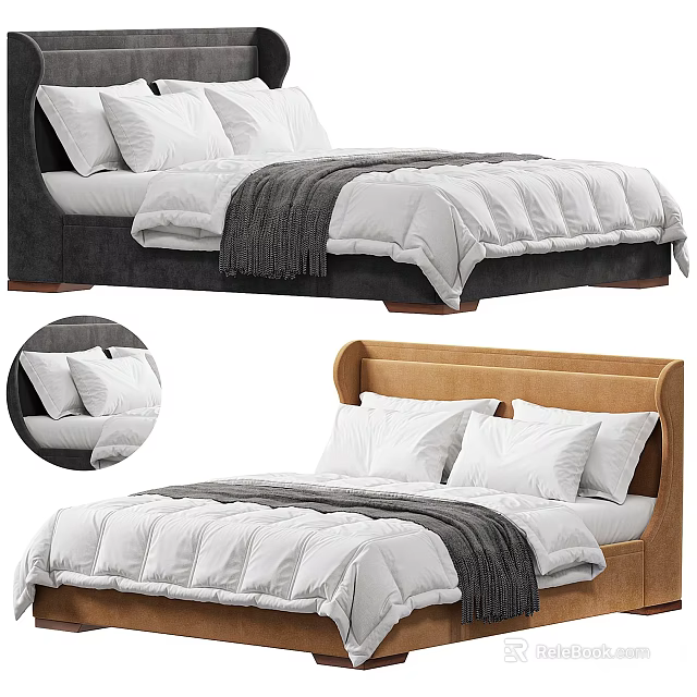 Modern Double Bed With White Pillows Comforter And Gray Blanket In Different Headboard Styles 3d model