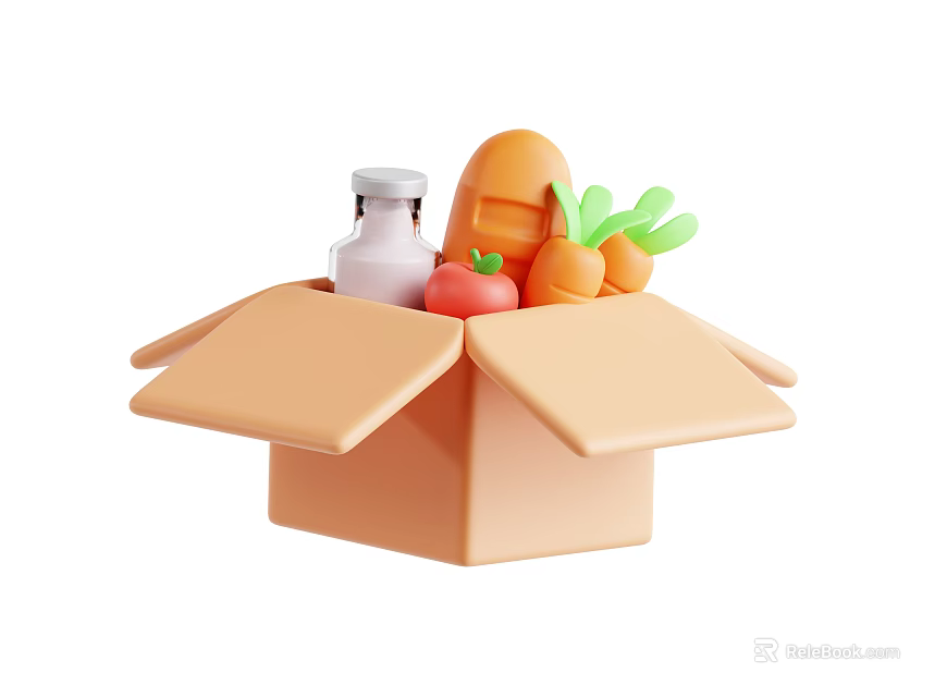 Fresh Food Items In Open Carton Box With Milk Carrot Apple And Bread 3d model 