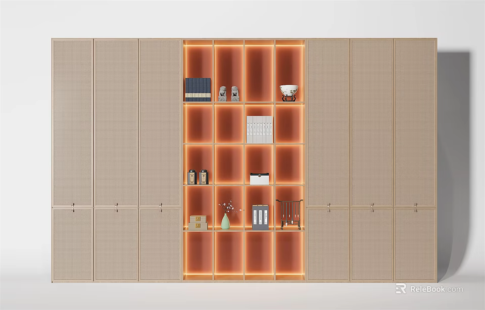 Modern Decorative Cabinet with Illuminated Open Compartments Displaying Books and Decor Pieces in Contemporary Design 3d model 