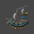 Colorful Wooden Ship with Blue Hull and Striped Sails Yellow Trim Anchor and Cannonballs Design