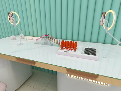 Beauty Color Check In Station With Vanity Table Ring Lights And Makeup Products 3d model