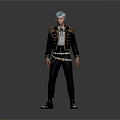 Game Movie Character with Blue Hair Wearing Black Jacket Gold Details Striped Pants and Boots