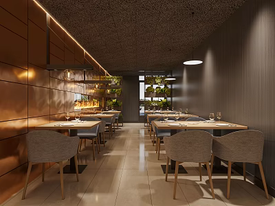 Modern Restaurant Interior With Wooden Walls Dining Tables Chairs Green Plants And Lighting 3d model
