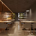 Modern Restaurant Interior With Wooden Walls Dining Tables Chairs Green Plants And Lighting