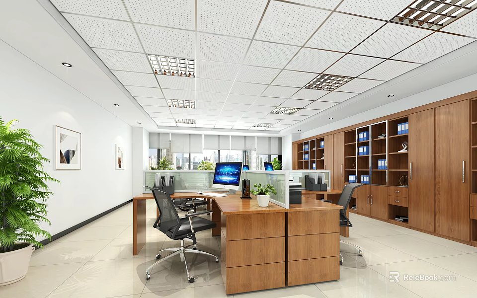 Modern Public Office Space With Ergonomic Chairs Wooden Desks Storage Cabinets And Green Plants 3d model 