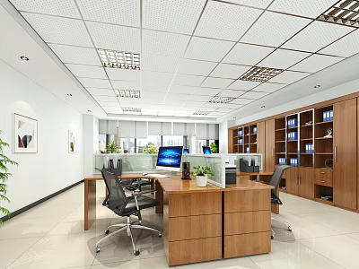 Modern Public Office Space With Ergonomic Chairs Wooden Desks Storage Cabinets And Green Plants 3d model
