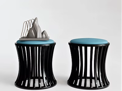 Pair of Modern Stools Featuring Blue Cushioned Seats Black Slatted Legs And Metallic Decor 3d model