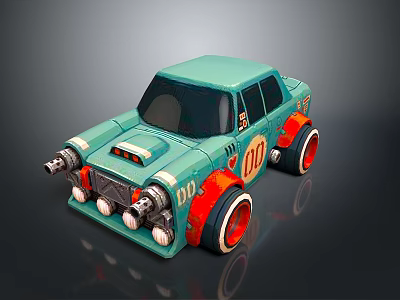 Cartoon Style Turquoise Car With Orange Accents Red Wheels And Number 101 3d model