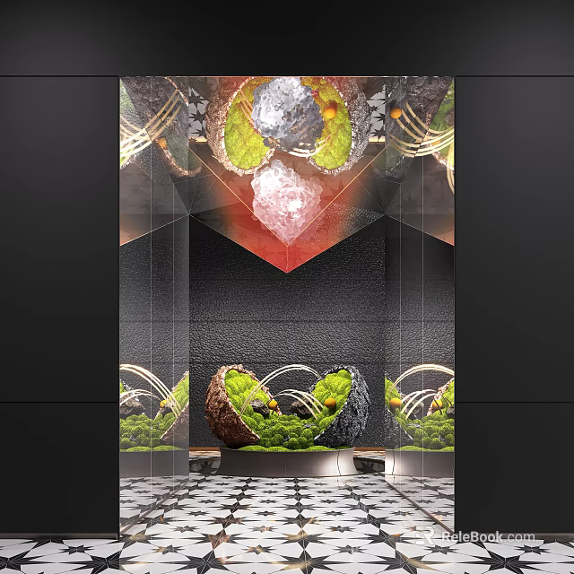 Modern Indoor Art Installation With Green Plants And Geometric Structures 3d model