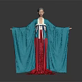 Game Movie Character In Traditional Blue Robe And Red Skirt With Flowing Sleeves