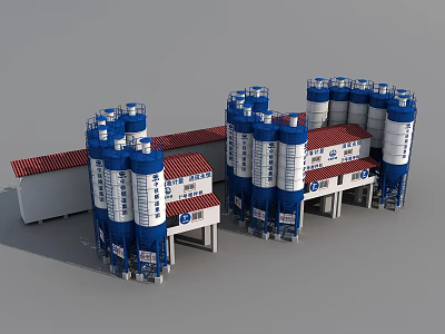 Industrial Concrete Mixing Facility With Blue White Storage Silos And Red Roof Structures 3d model