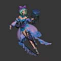 Game And Movie Character With Green Hair Purple Bow Blue Glowing Orb And Dynamic Pose