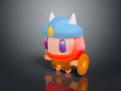 Cute Cartoon Game Character Featuring Blue Helmet White Horns Red Body Purple Eyes Yellow Shield 3d model