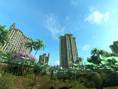 Plants Around Tall Buildings With Palm Trees Purple Flowers And Lotus Leaves Under Blue Sky 3d model