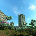 Plants Around Tall Buildings With Palm Trees Purple Flowers And Lotus Leaves Under Blue Sky