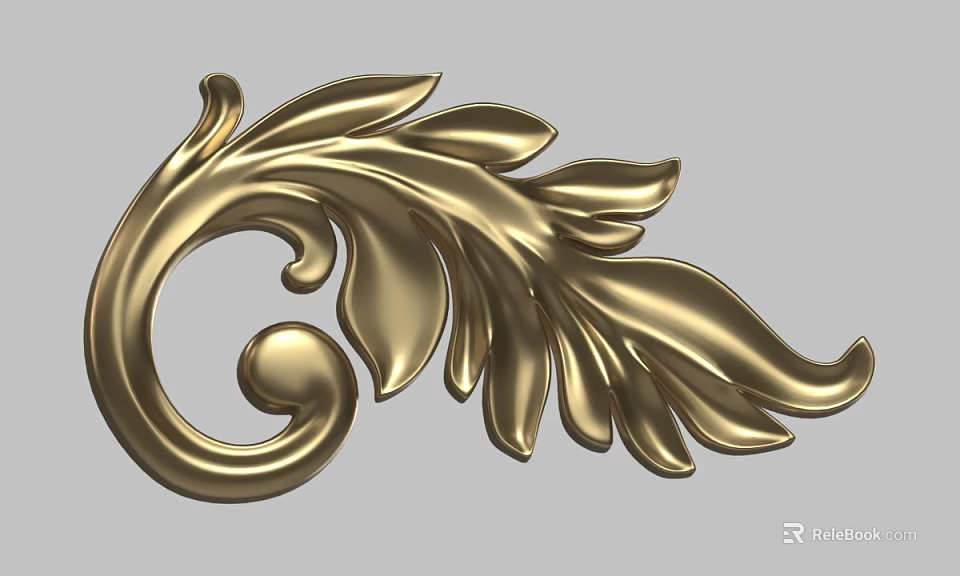 Elegant Golden Ornate Carved Leaf Scroll Decorative Design Element 3d model 