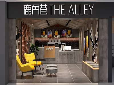 Bubble Tea Shop Interior With Yellow Chairs Green Plants Brick Walls And Bar Counter 3d model