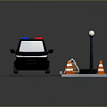 Police Van On Road Scene With Traffic Cones Barricade Street Lamp And Boxes