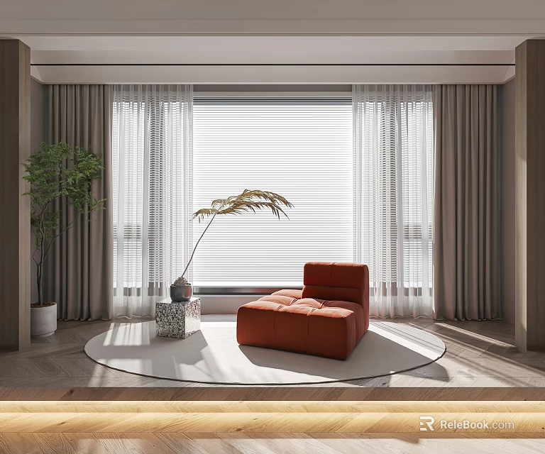 Modern Sheer Panel Curtains With Roller Blinds In Living Room Red Sofa Plant Round Rug 3d model 