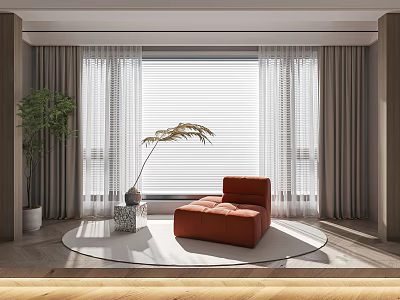 Modern Sheer Panel Curtains With Roller Blinds In Living Room Red Sofa Plant Round Rug 3d model