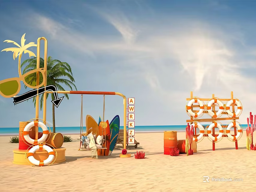 Colorful Beach Playground With Swing Surfboards Lifebuoy Climbing Structure And Palm Tree 3d model 