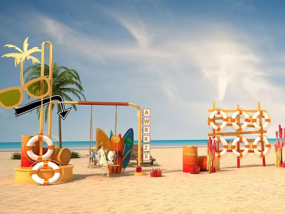 Colorful Beach Playground With Swing Surfboards Lifebuoy Climbing Structure And Palm Tree 3d model
