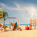 Colorful Beach Playground With Swing Surfboards Lifebuoy Climbing Structure And Palm Tree