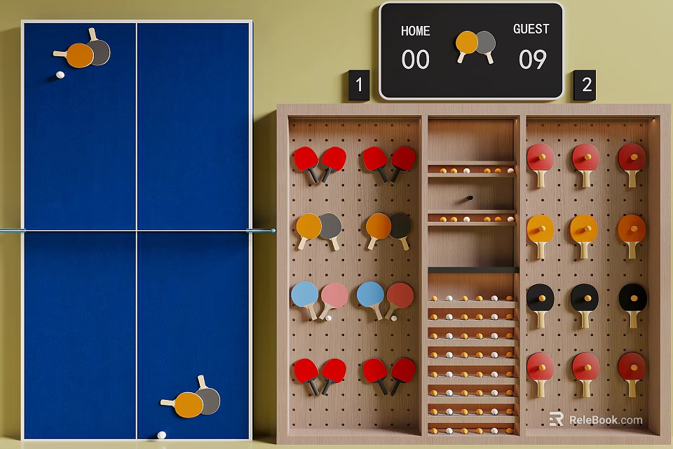 Colorful Ping Pong Room With Blue Table Wooden Paddle Rack And Scoreboard 3d model 